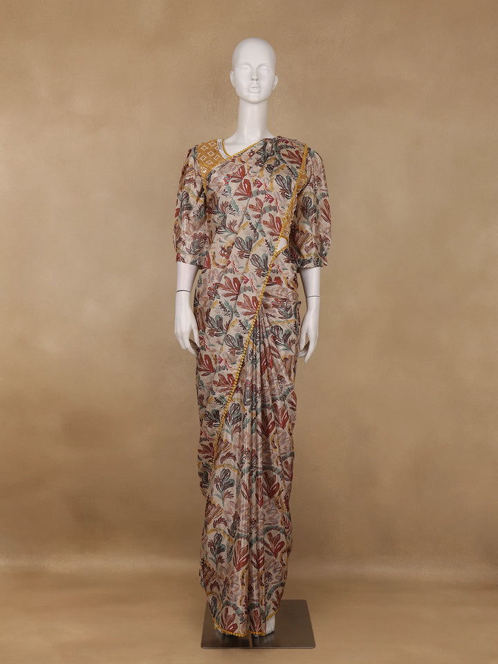Beige MultiColor Abstract Printed Synthetic Saree with Mustard Yellow Sequin Embroidered Blouse - Diadem