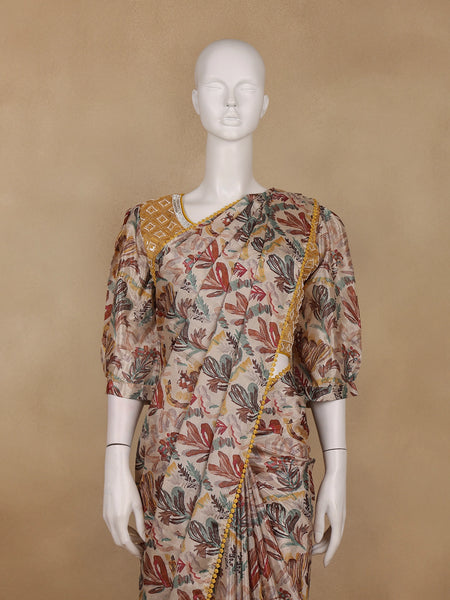 Beige MultiColor Abstract Printed Synthetic Saree with Mustard Yellow Sequin Embroidered Blouse - Diadem
