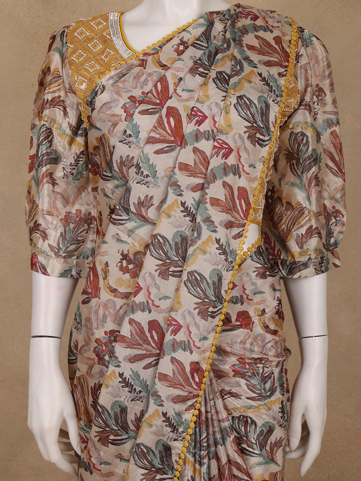 Beige MultiColor Abstract Printed Synthetic Saree with Mustard Yellow Sequin Embroidered Blouse - Diadem