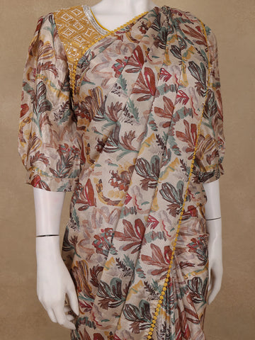 Beige MultiColor Abstract Printed Synthetic Saree with Mustard Yellow Sequin Embroidered Blouse - Diadem