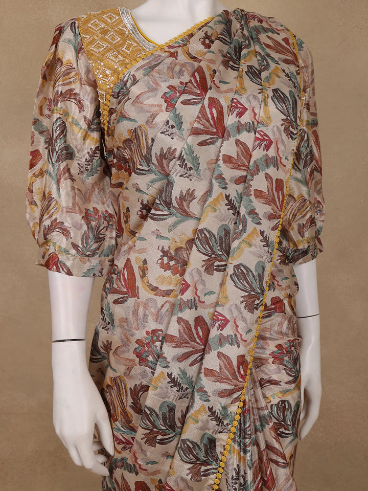 Beige MultiColor Abstract Printed Synthetic Saree with Mustard Yellow Sequin Embroidered Blouse - Diadem