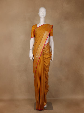 Mustard Yellow Small Motif Woven Soft Silk Saree With Striped Zari Pallu And Contrast Red Edging - Diadem