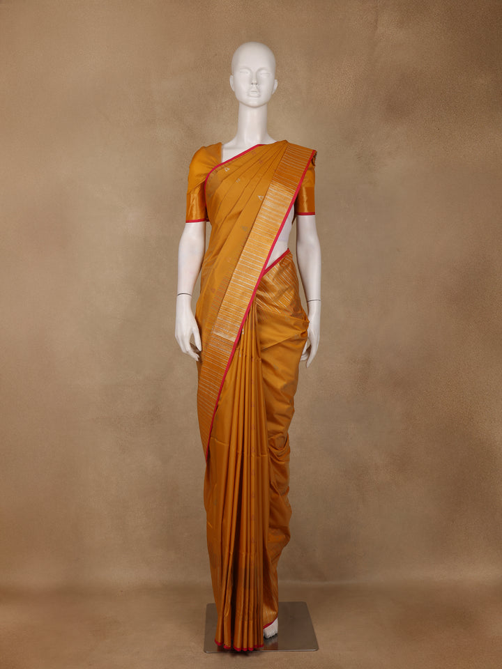 Mustard Yellow Small Motif Woven Soft Silk Saree With Striped Zari Pallu And Contrast Red Edging - Diadem