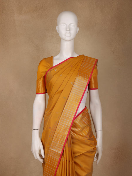 Mustard Yellow Small Motif Woven Soft Silk Saree With Striped Zari Pallu And Contrast Red Edging - Diadem