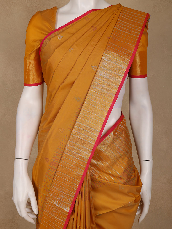 Mustard Yellow Small Motif Woven Soft Silk Saree With Striped Zari Pallu And Contrast Red Edging - Diadem