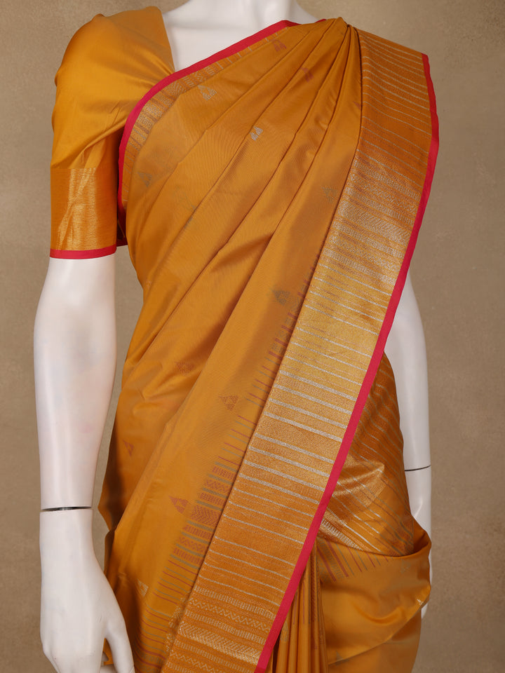 Mustard Yellow Small Motif Woven Soft Silk Saree With Striped Zari Pallu And Contrast Red Edging - Diadem