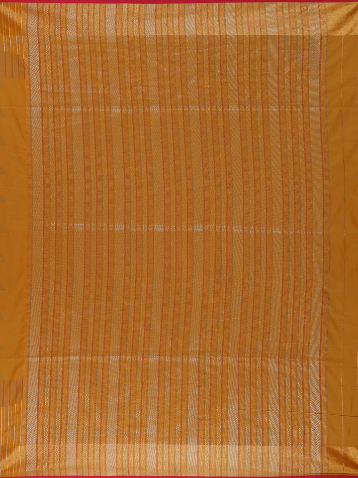 Mustard Yellow Small Motif Woven Soft Silk Saree With Striped Zari Pallu And Contrast Red Edging - Diadem