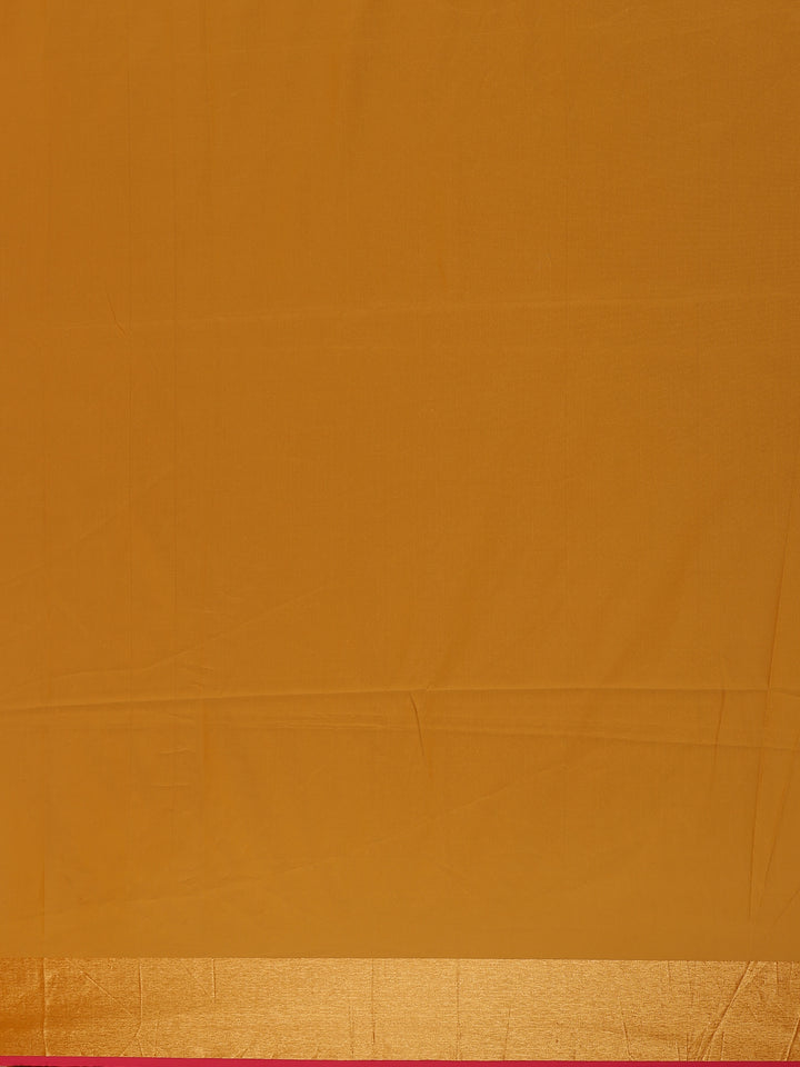 Mustard Yellow Small Motif Woven Soft Silk Saree With Striped Zari Pallu And Contrast Red Edging - Diadem