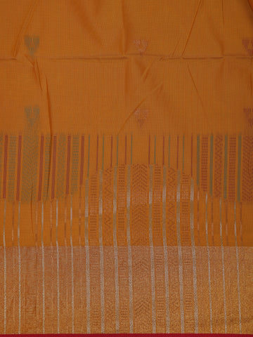 Mustard Yellow Small Motif Woven Soft Silk Saree With Striped Zari Pallu And Contrast Red Edging - Diadem