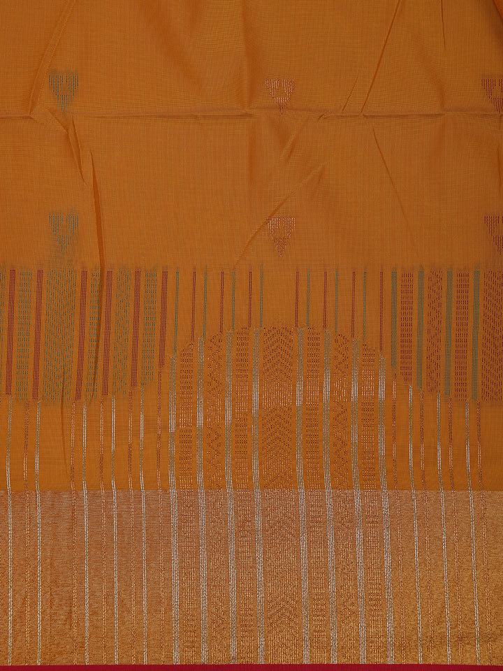Mustard Yellow Small Motif Woven Soft Silk Saree With Striped Zari Pallu And Contrast Red Edging - Diadem