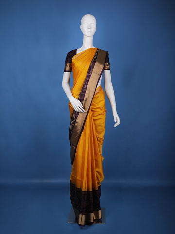 Mustard Yellow Solid Design Gold Zari Woven Soft Silk Saree - Diadem
