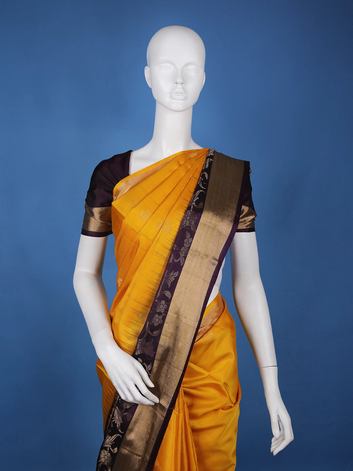 Mustard Yellow Solid Design Gold Zari Woven Soft Silk Saree - Diadem