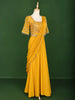 Mustard Yellow Solid Design Satin Ready to Wear Draped Saree with Matching Beads Embroidered  Designer Blouse