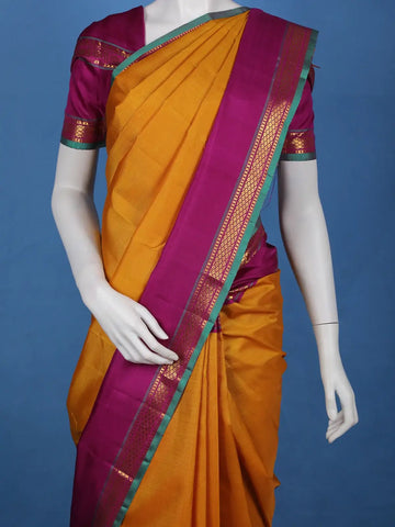 Mustard Yellow Solid Woven Pure Kanchipuram Silk Saree - Diadem