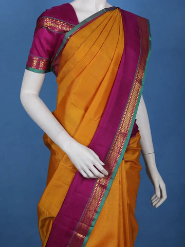 Mustard Yellow Solid Woven Pure Kanchipuram Silk Saree - Diadem