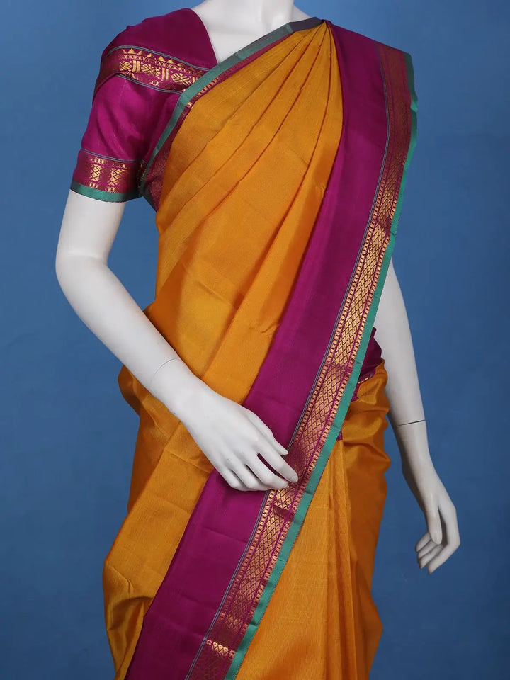Mustard Yellow Solid Woven Pure Kanchipuram Silk Saree - Diadem