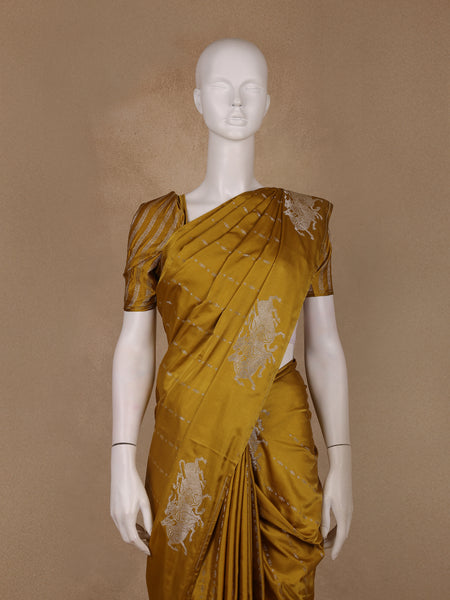 Mustard Yellow Striped Design Tussar Silk Saree - Diadem