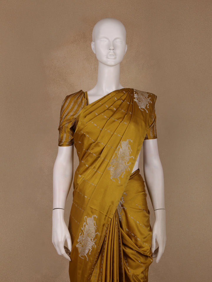 Mustard Yellow Striped Design Tussar Silk Saree - Diadem