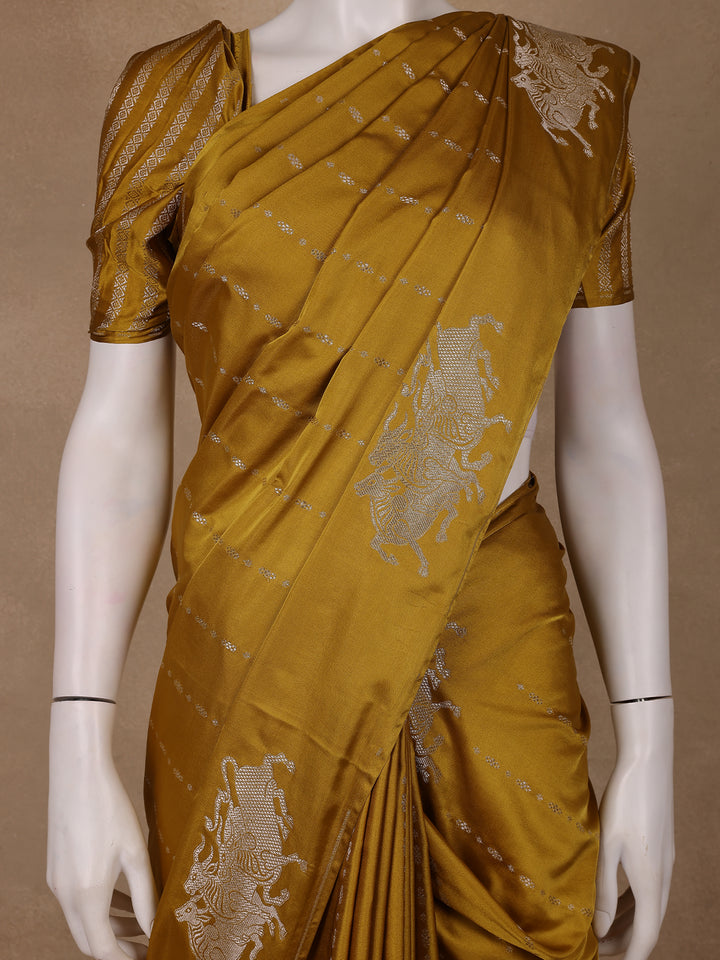 Mustard Yellow Striped Design Tussar Silk Saree - Diadem