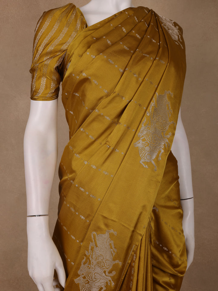 Mustard Yellow Striped Design Tussar Silk Saree - Diadem