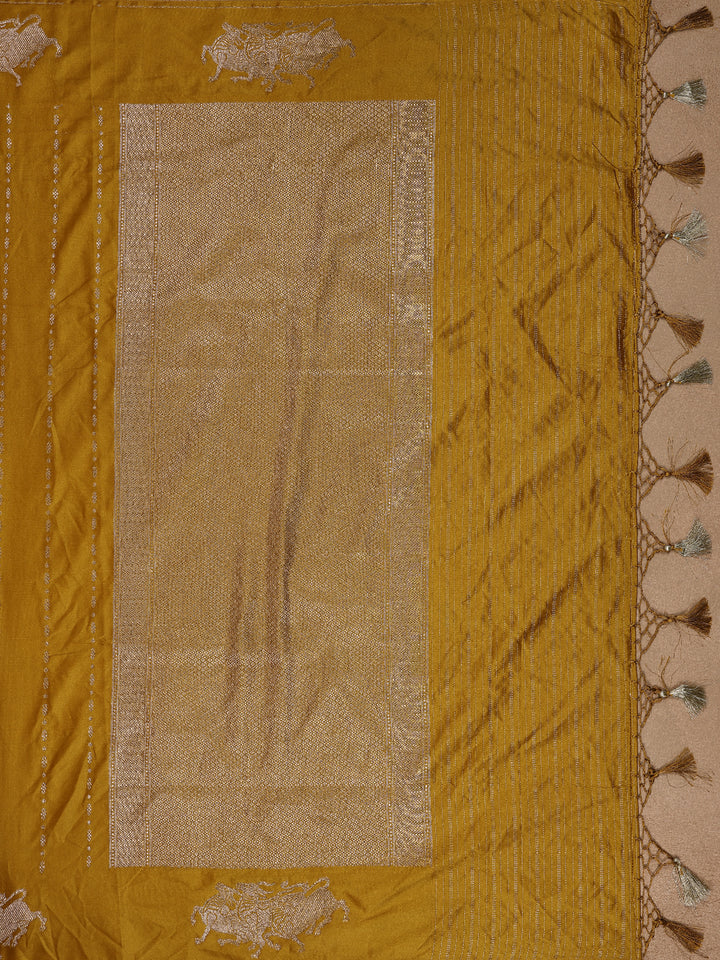 Mustard Yellow Striped Design Tussar Silk Saree - Diadem