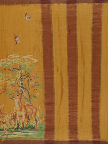 Mustard Yellow Woodland Deer Tapestry Woven Tussar Silk Saree - Diadem
