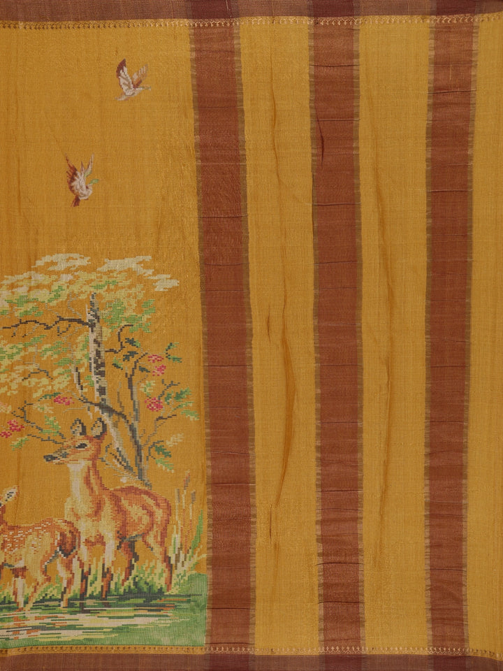 Mustard Yellow Woodland Deer Tapestry Woven Tussar Silk Saree - Diadem
