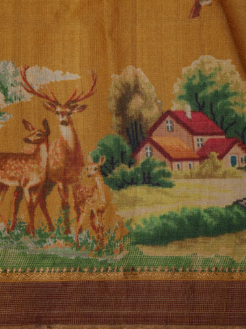 Mustard Yellow Woodland Deer Tapestry Woven Tussar Silk Saree - Diadem