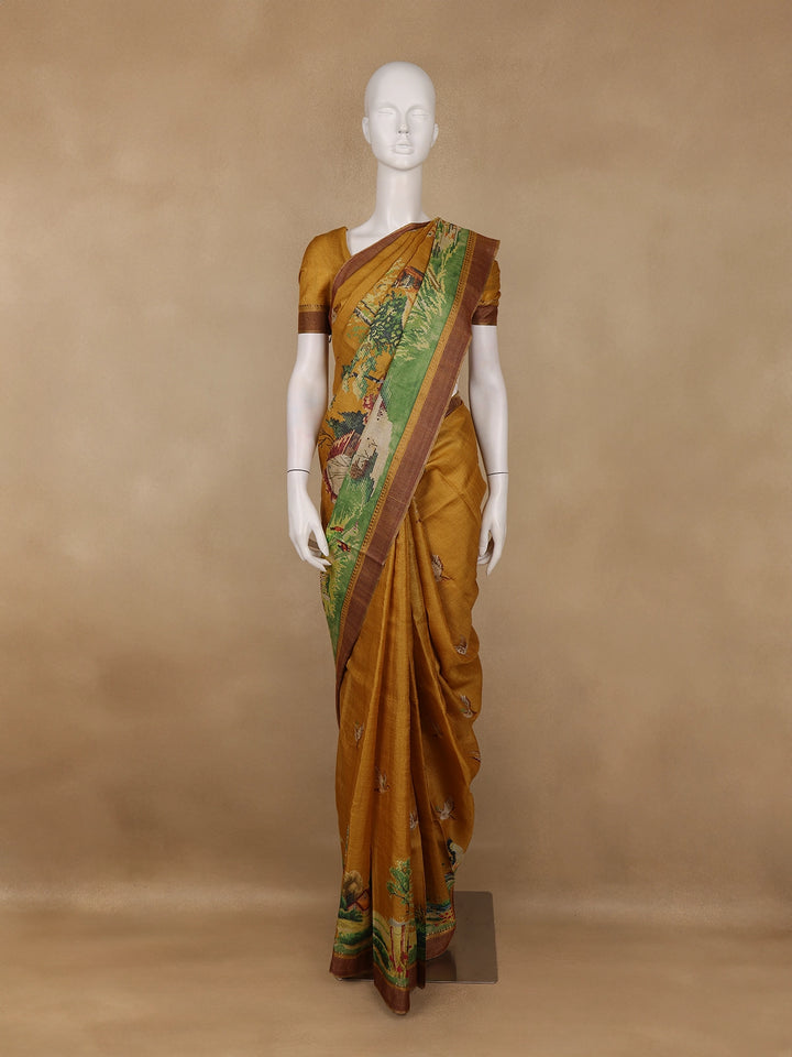 Mustard Yellow Woodland Deer Tapestry Woven Tussar Silk Saree - Diadem