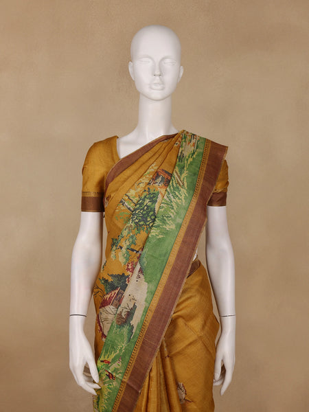 Mustard Yellow Woodland Deer Tapestry Woven Tussar Silk Saree - Diadem