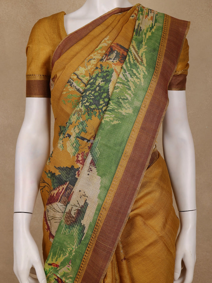 Mustard Yellow Woodland Deer Tapestry Woven Tussar Silk Saree - Diadem