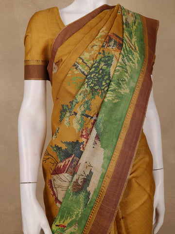 Mustard Yellow Woodland Deer Tapestry Woven Tussar Silk Saree - Diadem