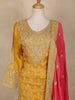 Mustard Yellow and Pink Heavy Embroidered Design Silk Palazzo Suit