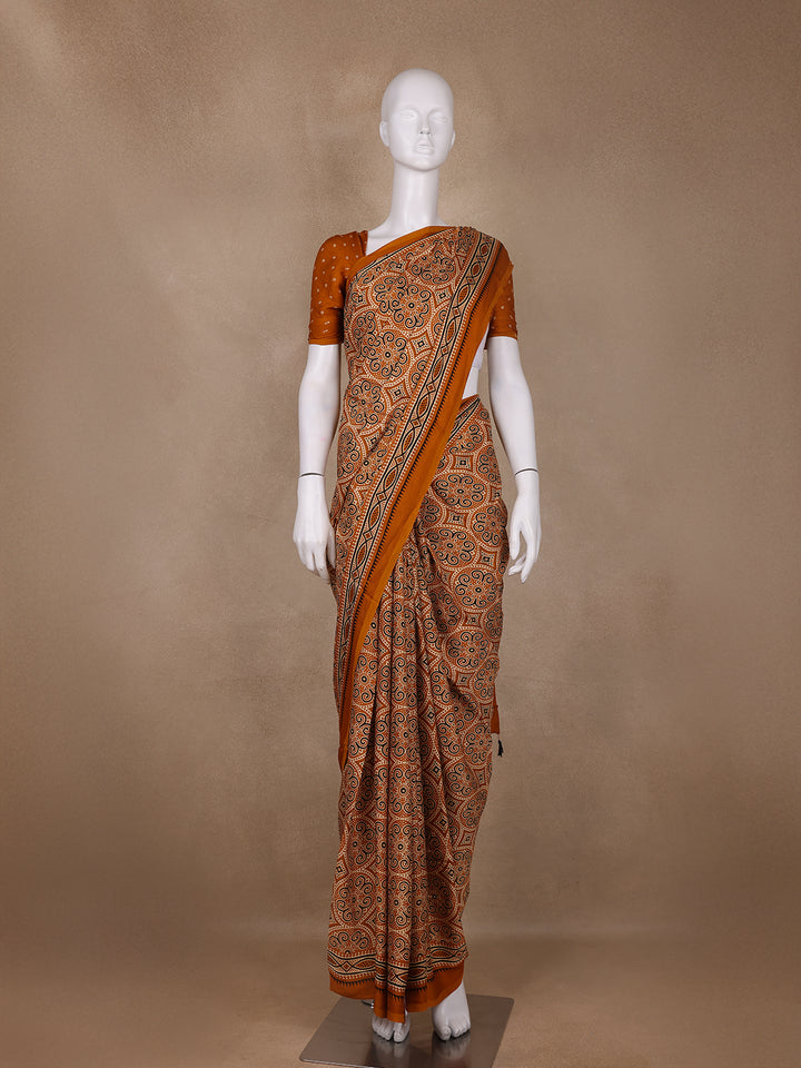 Mustard Ajrakh Print Mul Mul Cotton Saree - Diadem