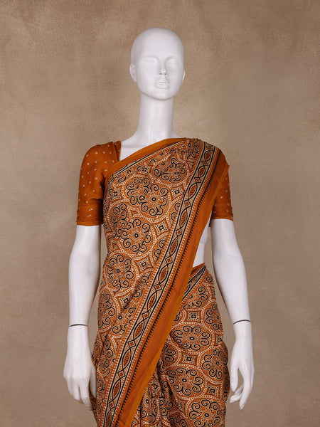 Mustard Ajrakh Print Mul Mul Cotton Saree - Diadem