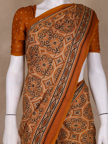 Mustard Ajrakh Print Mul Mul Cotton Saree - Diadem