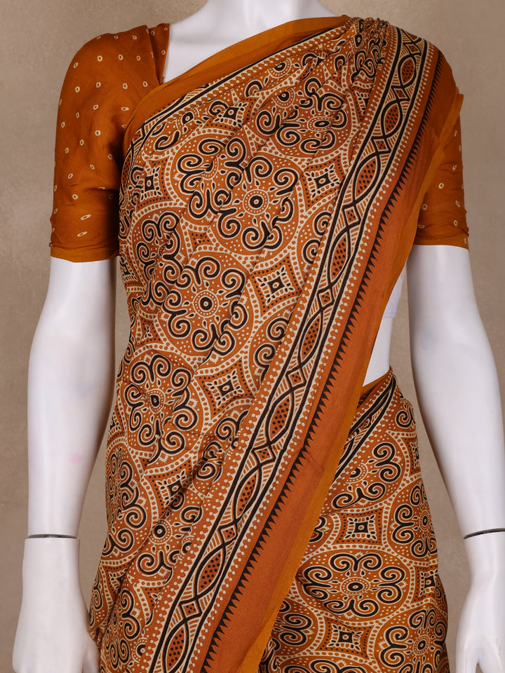 Mustard Ajrakh Print Mul Mul Cotton Saree - Diadem