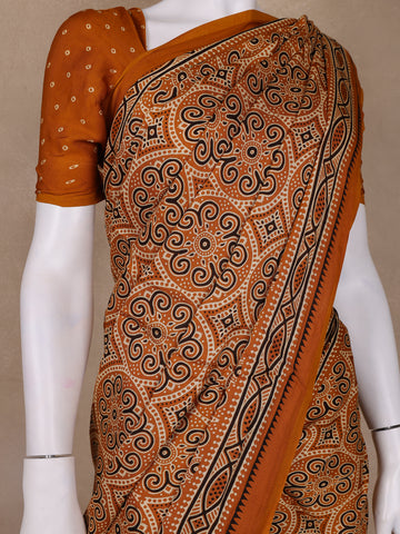 Mustard Ajrakh Print Mul Mul Cotton Saree - Diadem