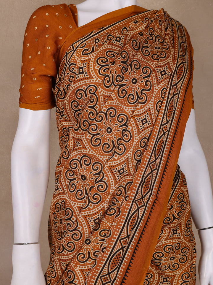 Mustard Ajrakh Print Mul Mul Cotton Saree - Diadem