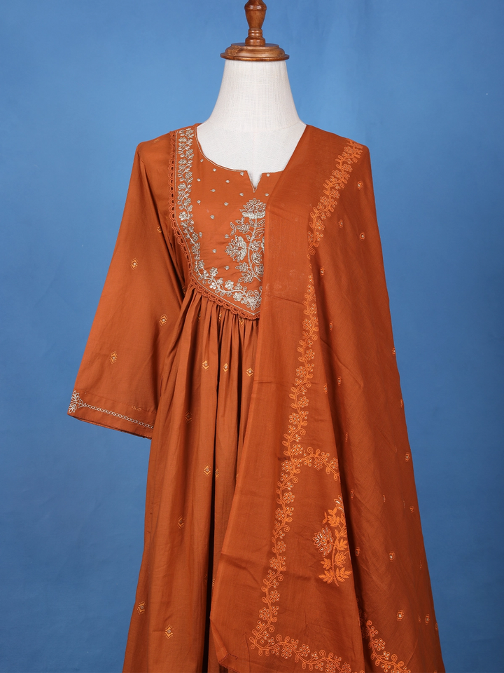Brown Floral Embroidered Cotton Salwar Suit - Diadem