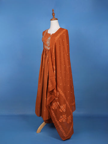 Brown Floral Embroidered Cotton Salwar Suit - Diadem