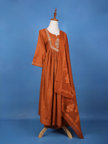 Brown Floral Embroidered Cotton Salwar Suit - Diadem