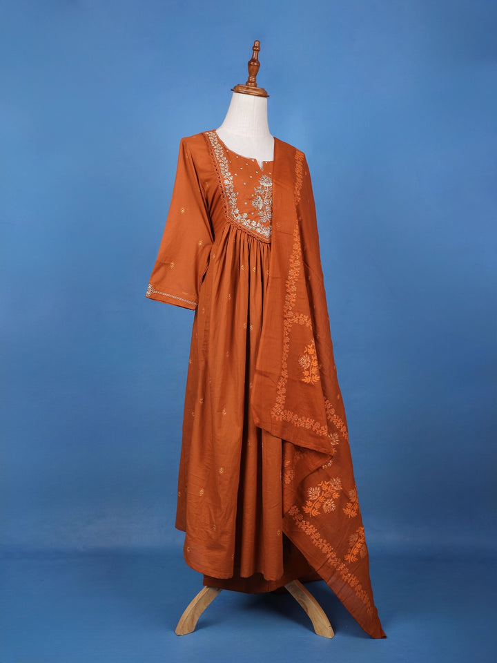 Brown Floral Embroidered Cotton Salwar Suit - Diadem