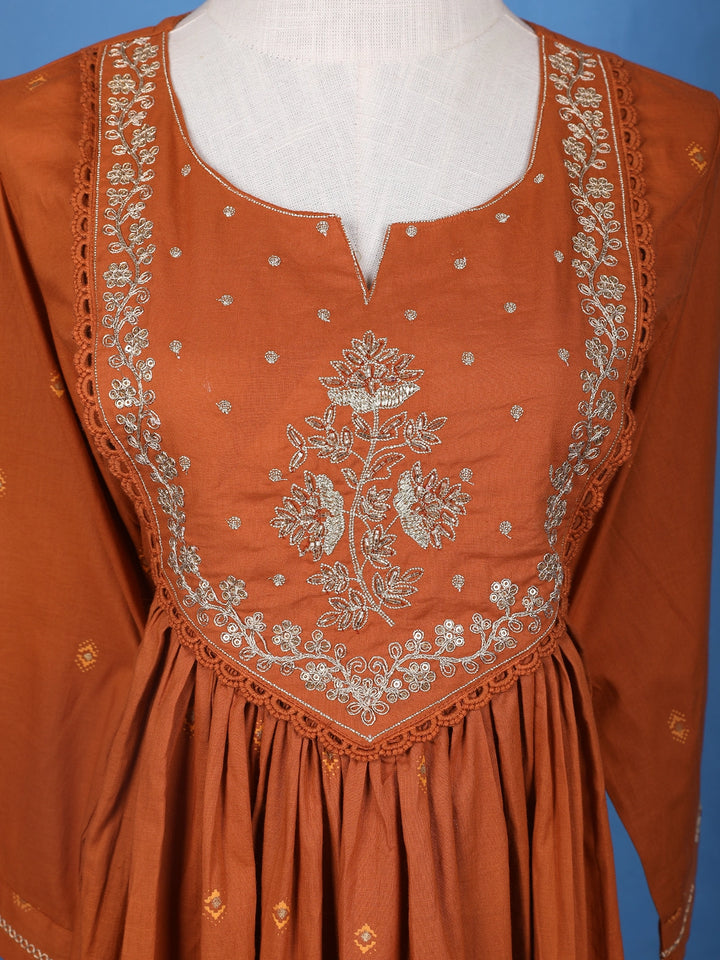 Brown Floral Embroidered Cotton Salwar Suit - Diadem