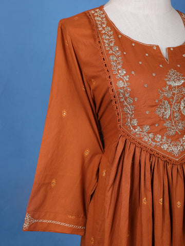 Brown Floral Embroidered Cotton Salwar Suit - Diadem
