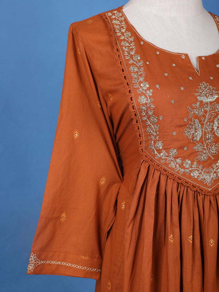 Brown Floral Embroidered Cotton Salwar Suit - Diadem