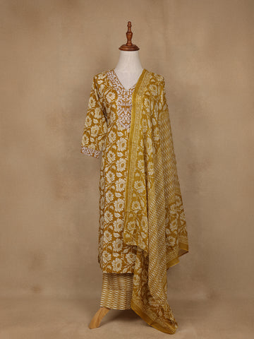 Mustard Floral Design Printed Cotton Salwar Suit - Diadem