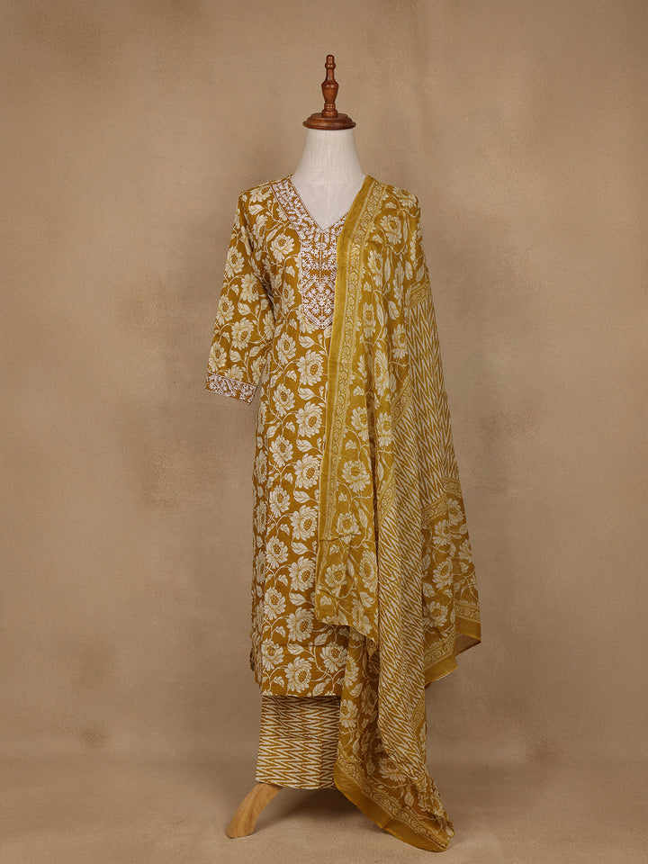 Mustard Floral Design Printed Cotton Salwar Suit - Diadem