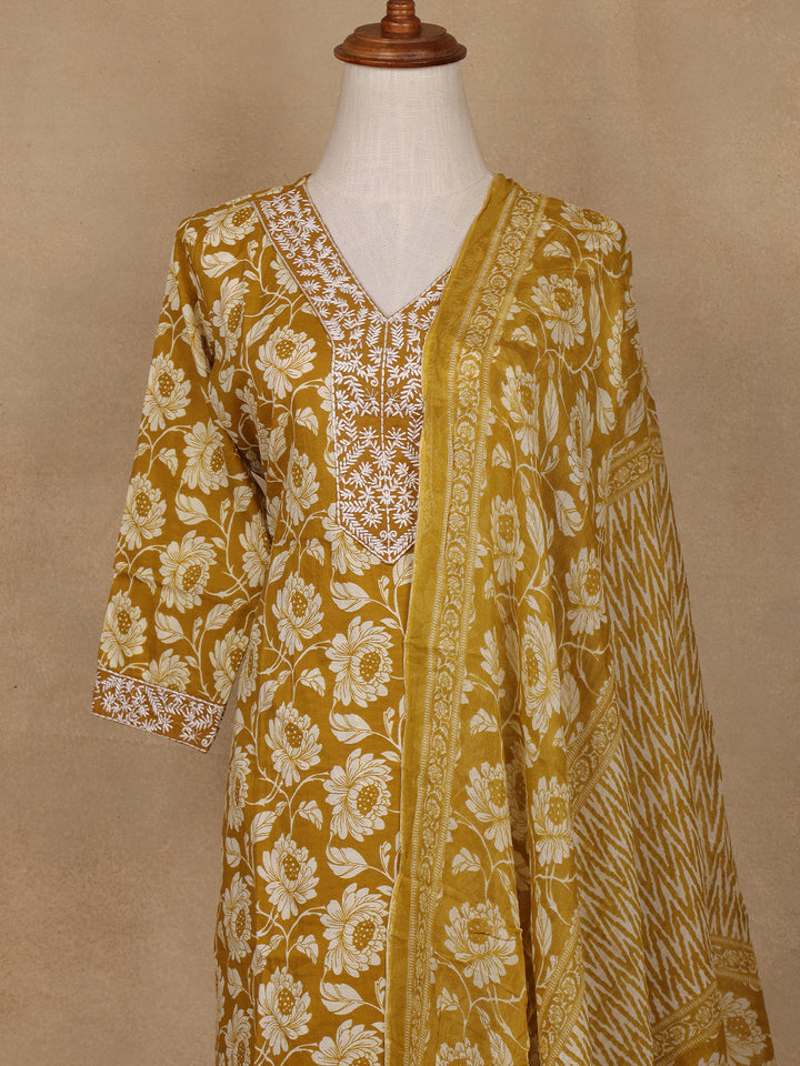 Mustard Floral Design Printed Cotton Salwar Suit - Diadem