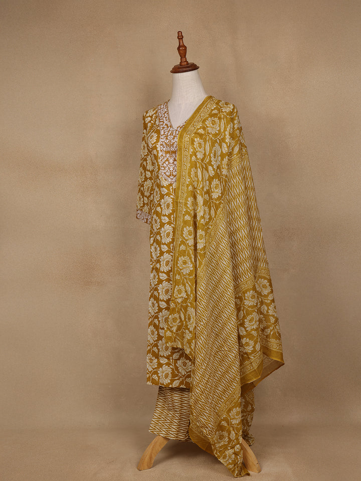Mustard Floral Design Printed Cotton Salwar Suit - Diadem